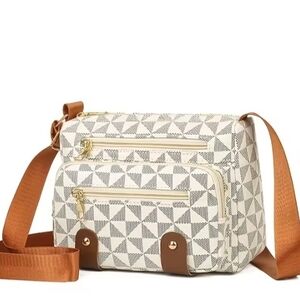 Inspired LV Geometric Pattern Crossbody/Shoulder Bag White/Gray/Brown Accent NEW